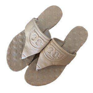 TORY BURCH Fleming Nappa Leather Logo Thong Sandals Tan Size 9 Resort Summer